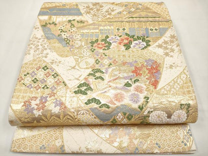 平和屋本店▼六通柄袋帯　唐織　等麻絵巻文　九百　本金箔　正絹　逸品　CABL1566tx