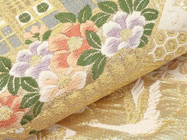 平和屋本店▼六通柄袋帯　唐織　等麻絵巻文　九百　本金箔　正絹　逸品　CABL1566tx