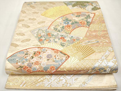 平和屋本店▼六通柄袋帯　唐織　華秀響扇文　本金箔　正絹　逸品　CABL1567tx