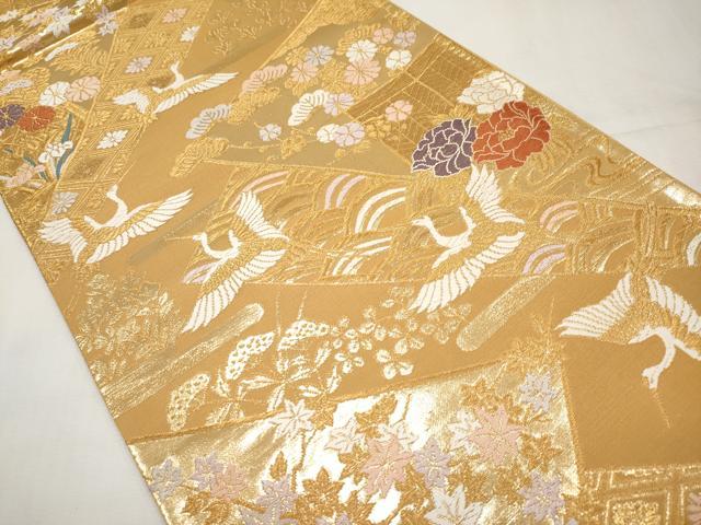 平和屋本店▼六通柄袋帯　唐織　飛鶴草花文　純金箔二重箔　正絹　逸品　未使用　CABL1570tx