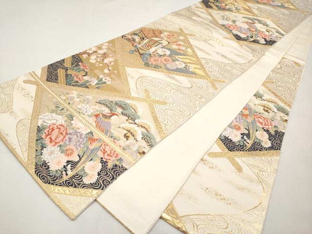 平和屋本店▼六通柄袋帯　唐織　尾長鳥流水枝花文　本金箔　正絹　逸品　CABL1571tx
