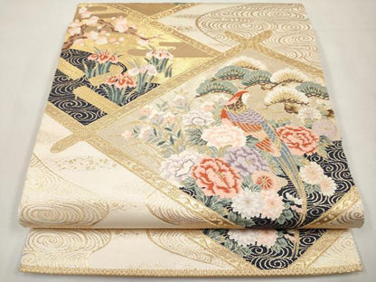 平和屋本店▼六通柄袋帯　唐織　尾長鳥流水枝花文　本金箔　正絹　逸品　CABL1571tx