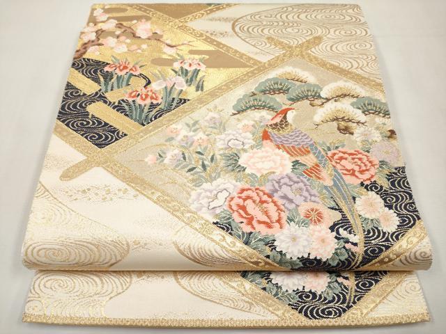 平和屋本店▼六通柄袋帯　唐織　尾長鳥流水枝花文　本金箔　正絹　逸品　CABL1571tx
