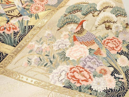 平和屋本店▼六通柄袋帯　唐織　尾長鳥流水枝花文　本金箔　正絹　逸品　CABL1571tx