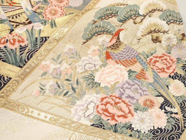 平和屋本店▼六通柄袋帯　唐織　尾長鳥流水枝花文　本金箔　正絹　逸品　CABL1571tx