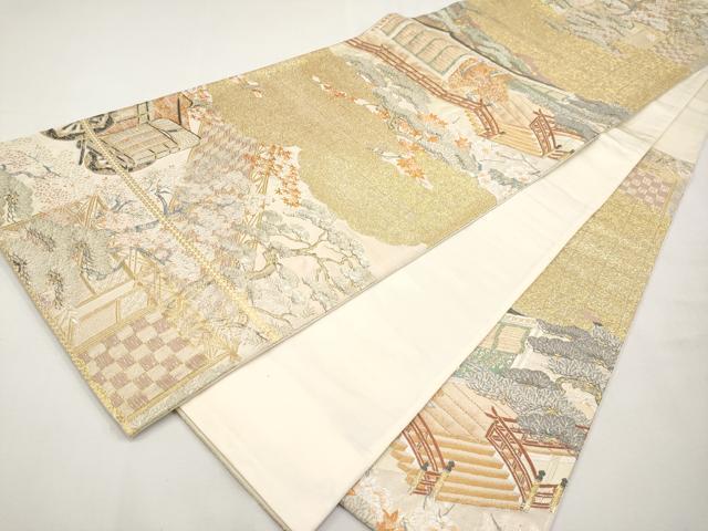 平和屋本店▼六通柄袋帯　御殿風景　純金箔　正絹　逸品　CABL1572tx