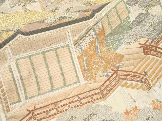 平和屋本店▼六通柄袋帯　御殿風景　純金箔　正絹　逸品　CABL1572tx