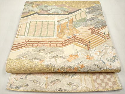 平和屋本店▼六通柄袋帯　御殿風景　純金箔　正絹　逸品　CABL1572tx
