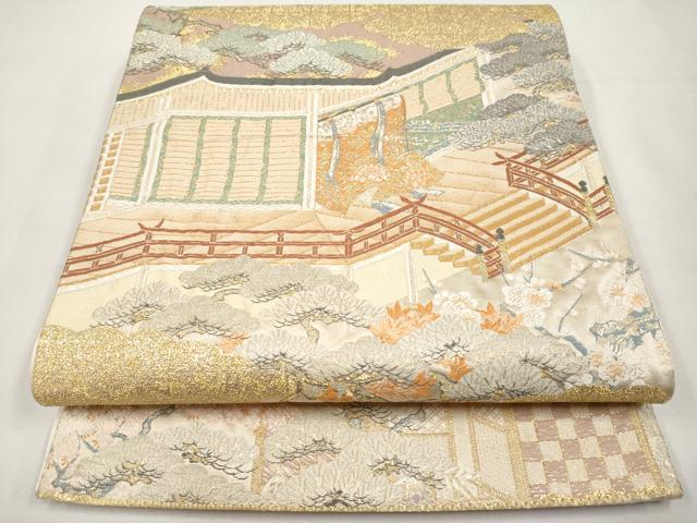 平和屋本店▼六通柄袋帯　御殿風景　純金箔　正絹　逸品　CABL1572tx