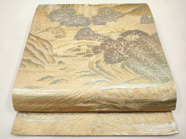 平和屋本店▼六通柄袋帯　風景文　弐拾四金二重織　正絹　逸品　CABL1573tx