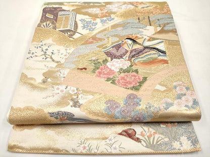 平和屋本店▼六通柄袋帯　唐織　桃山屏風扇面文　本金箔　正絹　逸品　CABL1574tx