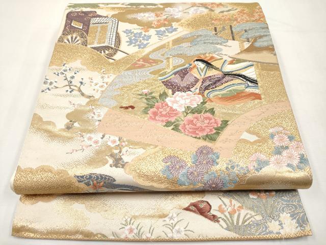 平和屋本店▼六通柄袋帯　唐織　桃山屏風扇面文　本金箔　正絹　逸品　CABL1574tx