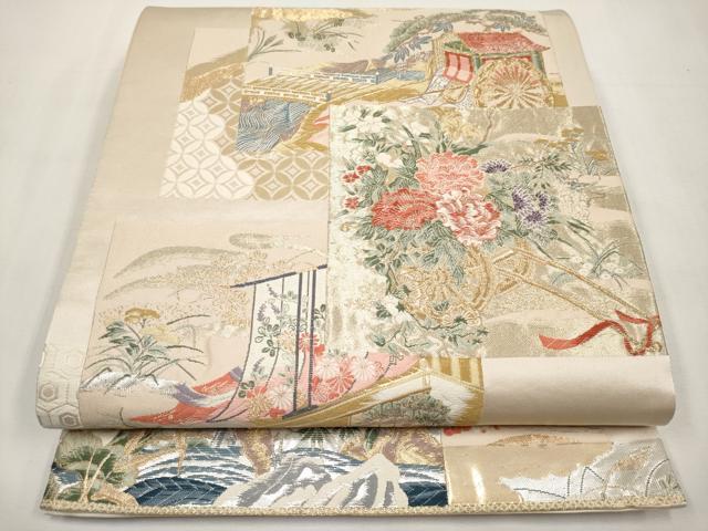 平和屋本店▼六通柄袋帯　唐織　色紙重ね花車文　九百錦純金箔24K　正絹　逸品　CABL1579tx