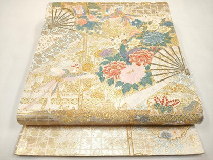 平和屋本店▼六通柄袋帯　唐織　雅扇障壁文　本金箔　正絹　逸品　CABL1585tx