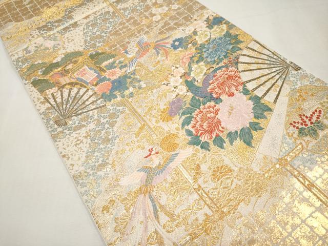 平和屋本店▼六通柄袋帯　唐織　雅扇障壁文　本金箔　正絹　逸品　CABL1585tx