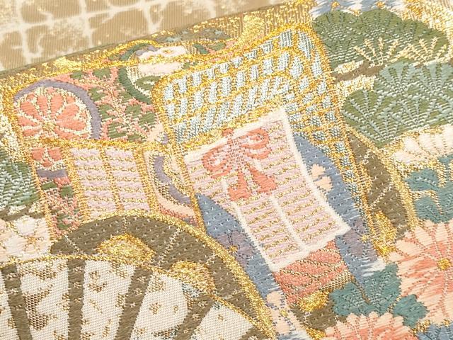 平和屋本店▼六通柄袋帯　唐織　雅扇障壁文　本金箔　正絹　逸品　CABL1585tx