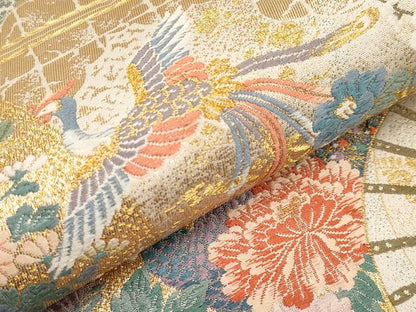 平和屋本店▼六通柄袋帯　唐織　雅扇障壁文　本金箔　正絹　逸品　CABL1585tx