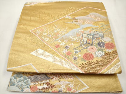 平和屋本店▼六通柄袋帯　唐織　色紙錦絵文　本金二重箔　正絹　逸品　未使用　CABL1589tx