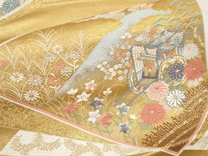 平和屋本店▼六通柄袋帯　唐織　色紙錦絵文　本金二重箔　正絹　逸品　未使用　CABL1589tx