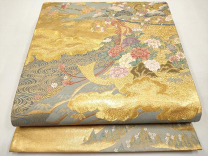 平和屋本店▼六通柄袋帯　唐織　几帳草花文　本金箔　正絹　逸品　CABL1591tx