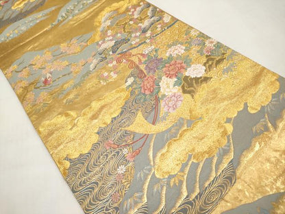 平和屋本店▼六通柄袋帯　唐織　几帳草花文　本金箔　正絹　逸品　CABL1591tx