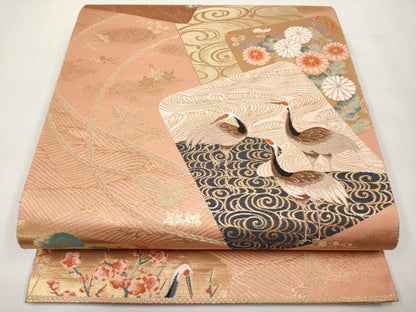 平和屋本店▼六通柄袋帯　色紙重ね群鶴花文　本金箔　正絹　逸品　CABL1600tx