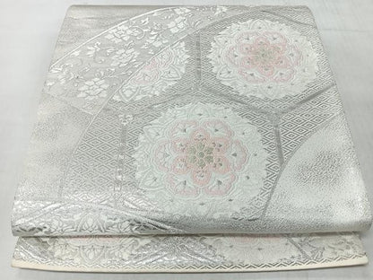 平和屋着物◎六通柄袋帯　亀甲花唐草文　銀糸　正絹　逸品　CABL1601nb
