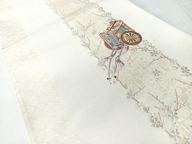 平和屋着物◎太鼓柄袋帯　唐織　刺繍　流水御所車舞花文　金銀糸　正絹　逸品　CABL1610nb
