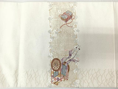 平和屋着物◎太鼓柄袋帯　唐織　刺繍　流水御所車舞花文　金銀糸　正絹　逸品　CABL1610nb