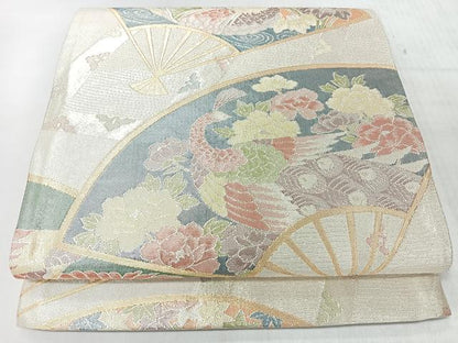 平和屋着物◎六通柄袋帯　扇面花鳥文　金銀糸　正絹　逸品　未使用　CABL1614nb