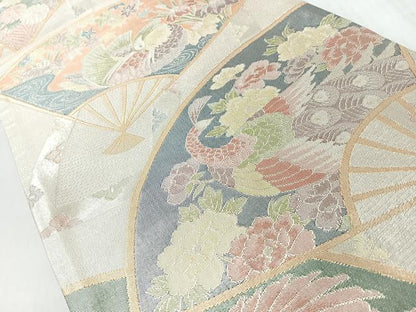平和屋着物◎六通柄袋帯　扇面花鳥文　金銀糸　正絹　逸品　未使用　CABL1614nb