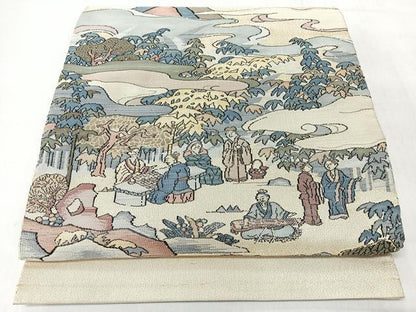 平和屋着物◎太鼓柄袋帯　人物風景文　金糸　正絹　逸品　CABL1618nb