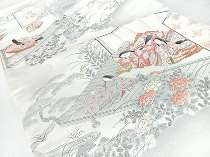 平和屋着物◎太鼓柄袋帯　人物風景文　銀糸　正絹　逸品　CABL1621nb