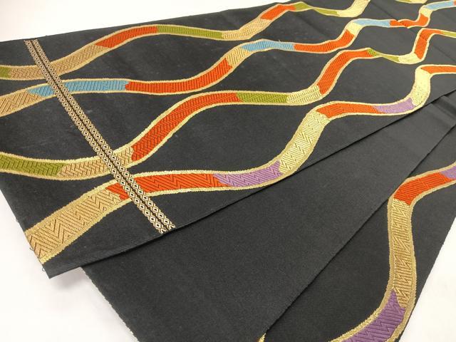 平和屋着物◎六通柄袋帯　唐織　立涌文　黒地　金糸　正絹　逸品　CABL1630nb