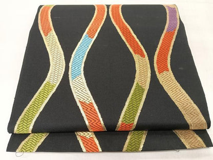 平和屋着物◎六通柄袋帯　唐織　立涌文　黒地　金糸　正絹　逸品　CABL1630nb