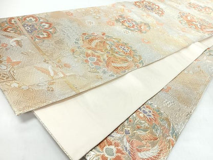 平和屋着物◎六通柄袋帯　向かい鳥更紗花文　金銀糸　正絹　逸品　CABL1638nb