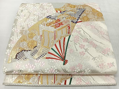 平和屋着物◎六通柄袋帯　唐織　扇面花唐草御所車文　金銀糸　正絹　逸品　CABL1640nb