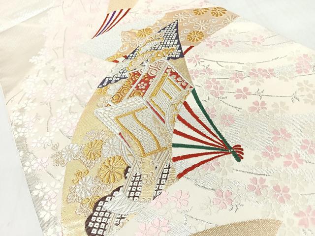 平和屋着物◎六通柄袋帯　唐織　扇面花唐草御所車文　金銀糸　正絹　逸品　CABL1640nb