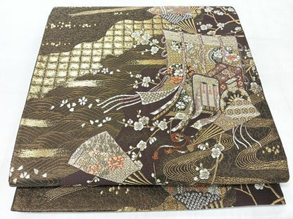 平和屋着物◎六通柄袋帯　唐織　几帳御所車草花文　金糸　やまと誂製　正絹　逸品　CABL1643nb