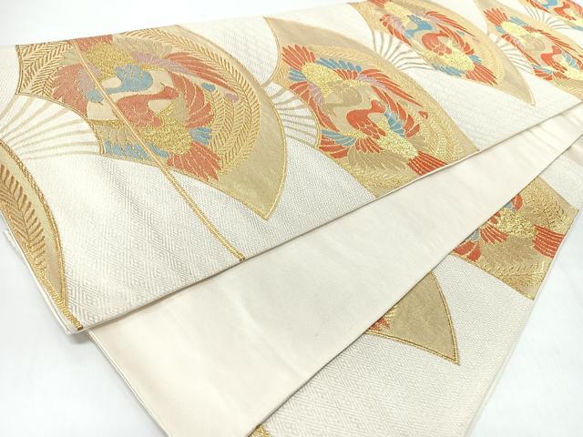 平和屋着物◎六通柄袋帯　扇面　向かい鳥文　金糸　正絹　逸品　CABL1645nb