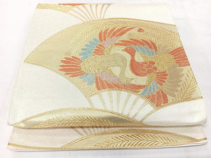 平和屋着物◎六通柄袋帯　扇面　向かい鳥文　金糸　正絹　逸品　CABL1645nb