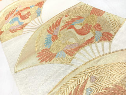 平和屋着物◎六通柄袋帯　扇面　向かい鳥文　金糸　正絹　逸品　CABL1645nb