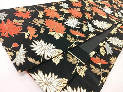 平和屋着物◎全通柄袋帯　唐織　草花文　黒地　金銀糸　正絹　逸品　CABL1654nb