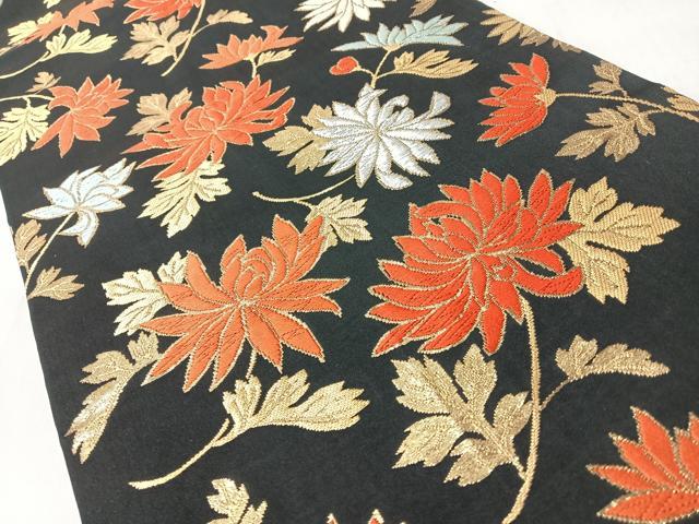 平和屋着物◎全通柄袋帯　唐織　草花文　黒地　金銀糸　正絹　逸品　CABL1654nb