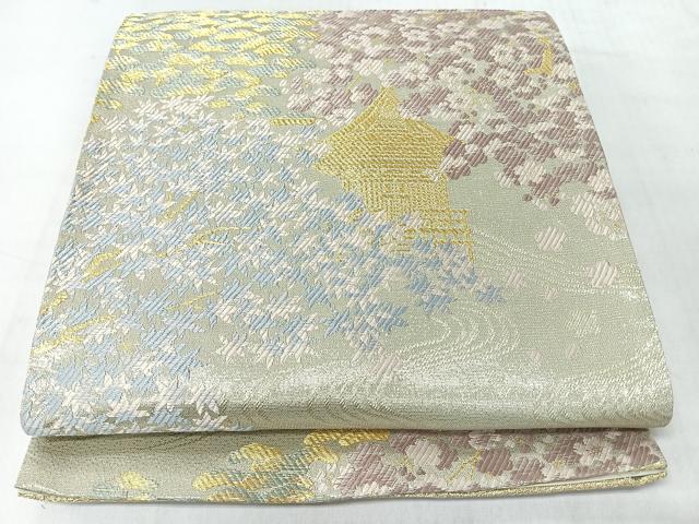平和屋着物◎六通柄袋帯　唐織　風景文　金糸　正絹　逸品　CABL1660nb