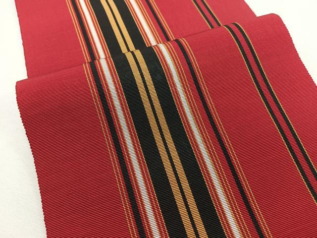 平和屋着物◎本場筑前博多織　半幅帯　縞　一重帯　正絹　逸品　未使用　CABL1668nb