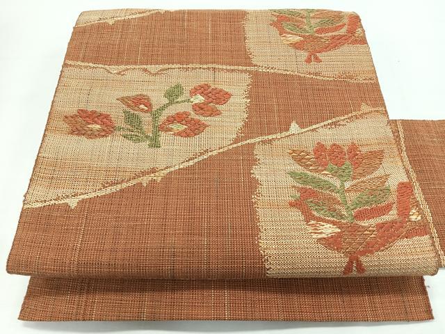 平和屋着物◎八寸名古屋帯　紬地　花鳥文　正絹　逸品　CABL1671nb