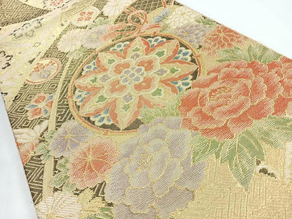 平和屋着物◎佐賀錦　六通柄袋帯　束ね熨斗更紗草花文　金糸　正絹　逸品　CABL1673nb