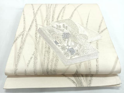 平和屋着物◎西陣　太鼓柄袋帯　刺繍　飛鶴草花文　正絹　逸品　CABL1681nb