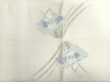 平和屋着物◎西陣　太鼓柄袋帯　刺繍　飛鶴草花文　正絹　逸品　CABL1681nb